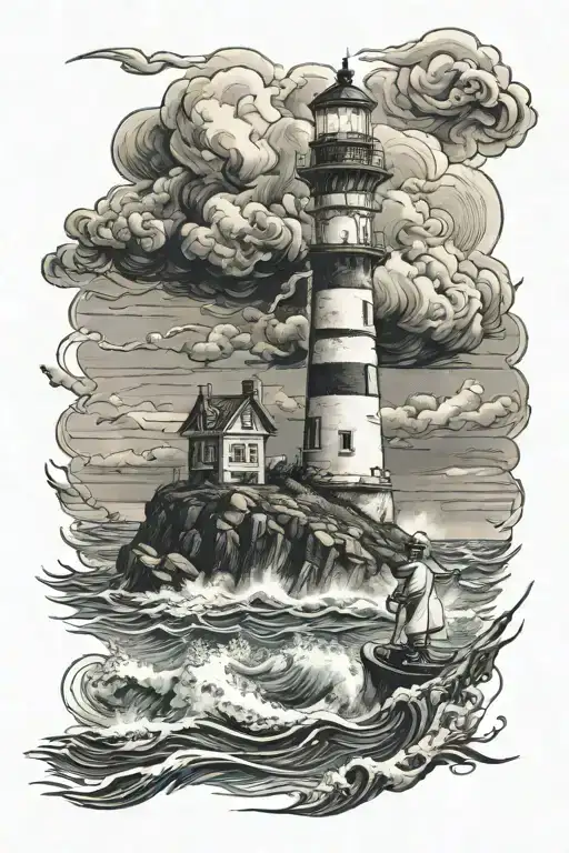 Stormy Sea Lighthouse Man And Two Children Playing