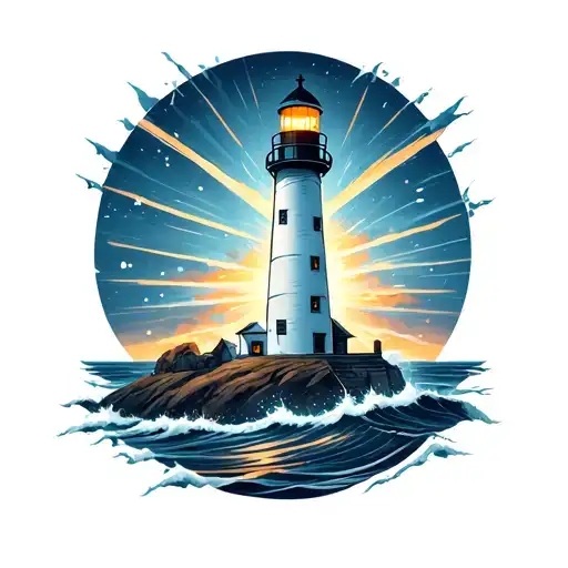 Lighthouse And Light Beams Shining