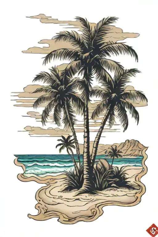 Beach Shore With Palm Trees With Flag