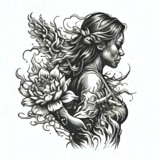 Silhouette Of A Girl Blazing In Fire With Her Hand Reaching Out To A Beautiful Flower