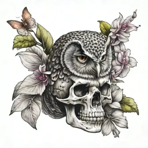 Owl Standing On A Sideways Skull With Orchid Flowers