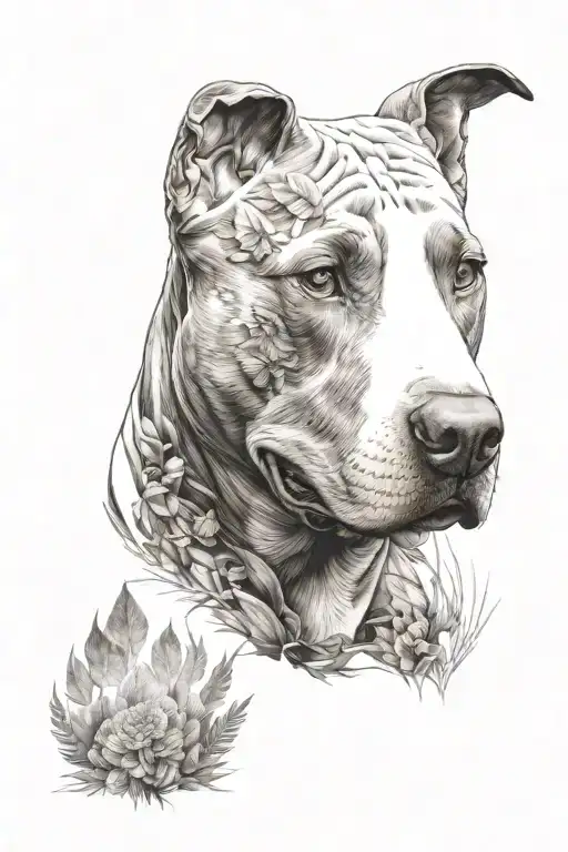 Pitbull Head With Brackground Of Nature Elements
