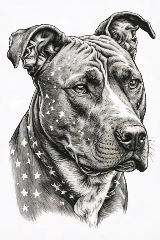 Graphite Pencil Style Pitbull Head With Stars As A Background