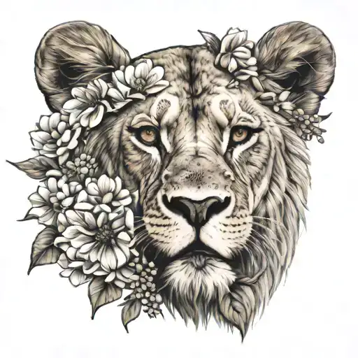 Lioness A Crown And Flowers Blooming