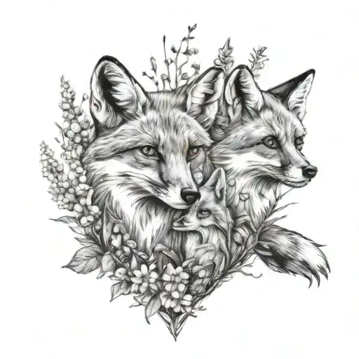 Fox Family And Wildflowers In The Heart