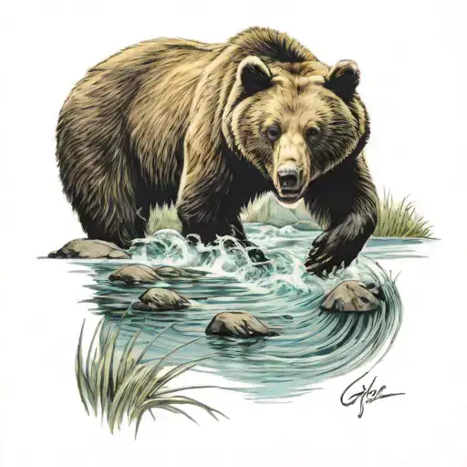 Nature Scene With Bear Walking By Water