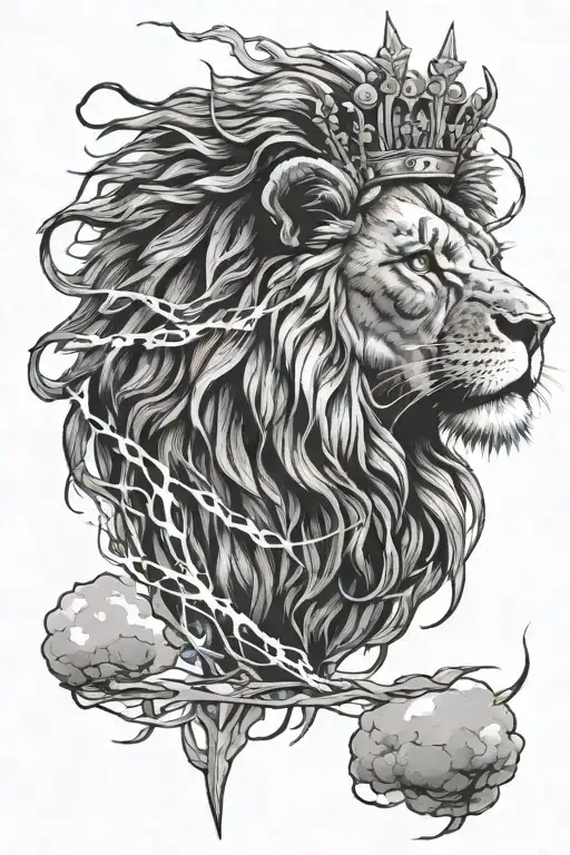 Lion With Scars With Thorne Crown With Lightning Clouds In Background