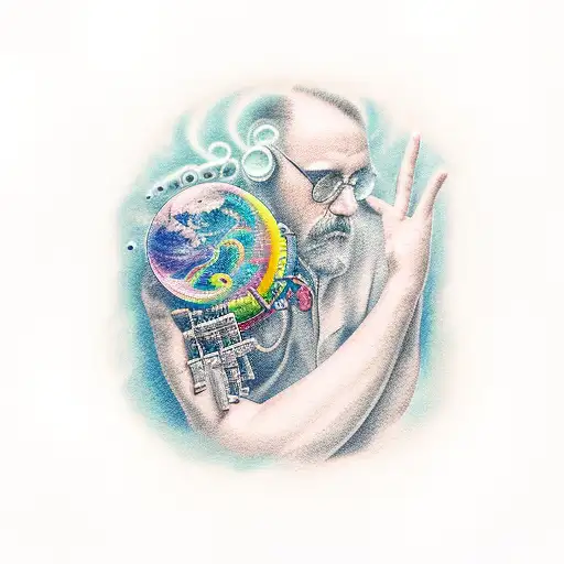 A Realistic Tattoo Of A Chemist Creating Colorful Musical Waves Crashing Onto A Moonlit Beach