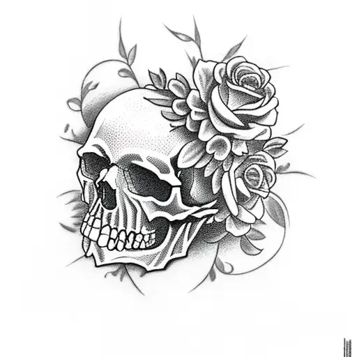 A Skull With A Cross Behind It With Flowers Around It