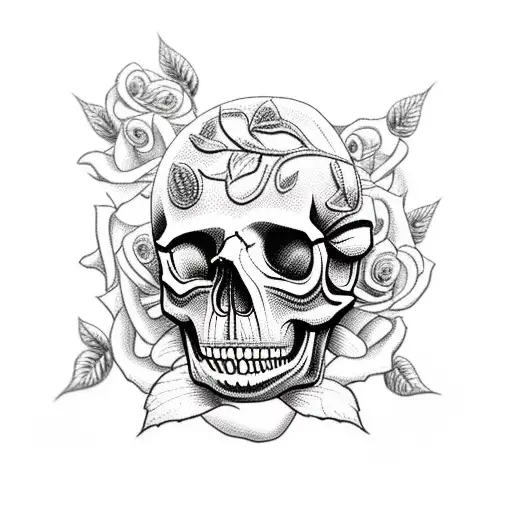 Skull With Roses And Barb Wire