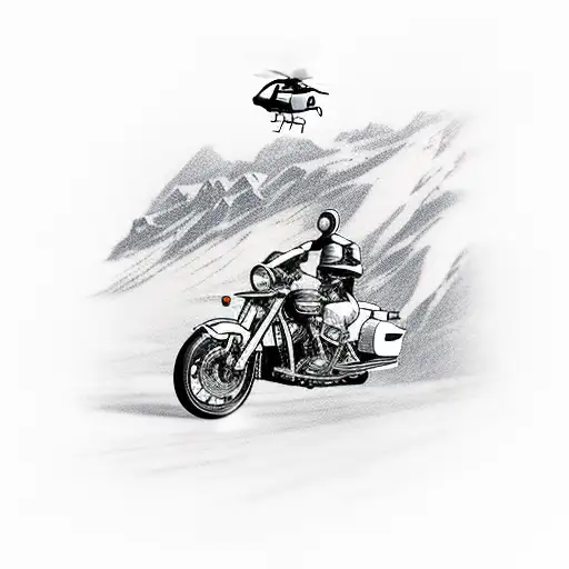 A Motorcycle Riding Through A Mountain Range With A Helicopter Hovering Above