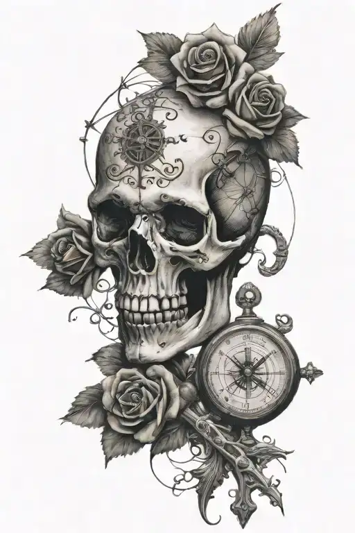 Skull Holding A Cross With A Rose And A Compass