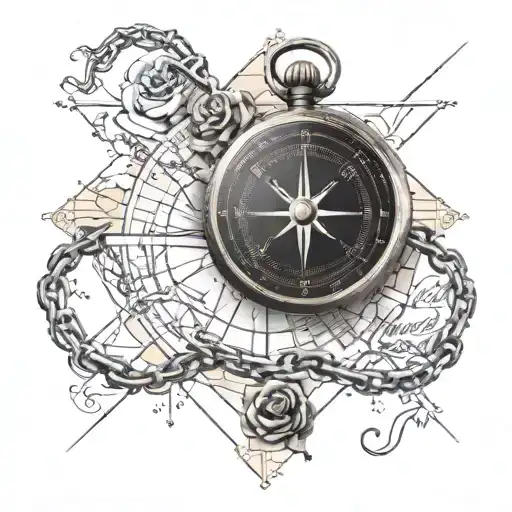 Forearm Tattoo Compass On The Background Of An Old Map Wrapped In Chains With The Addition Of A Rose