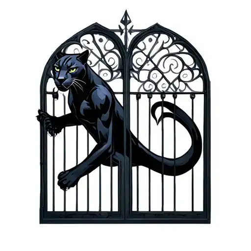 Black Panther Inside Gothic Windows With A Gate And Nyx Goddess Of Night
