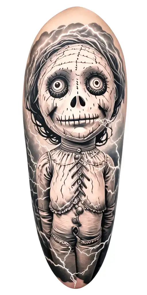 Fabric Voodoo Doll And Lightining Storm And Vegvisir And Nature