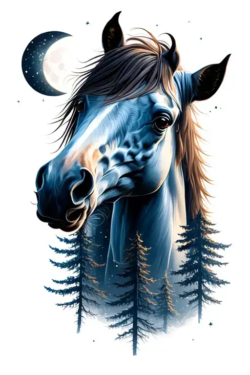 Horse Head With Stars And Moon With Trees Realistic