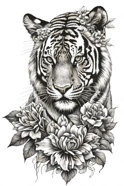 Tiger Head With Flower Blooming