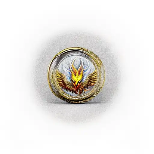 Fire Bird In A Metal Ring With A Gold Key In The Style Of Realism
