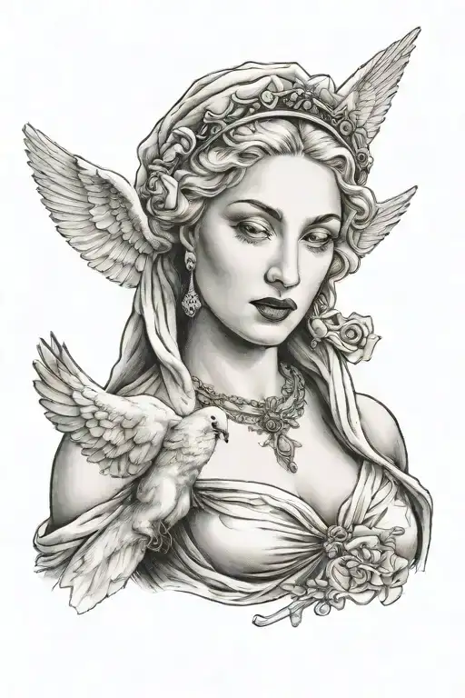 Madonna On The Arm With Dove Flying On The Chest