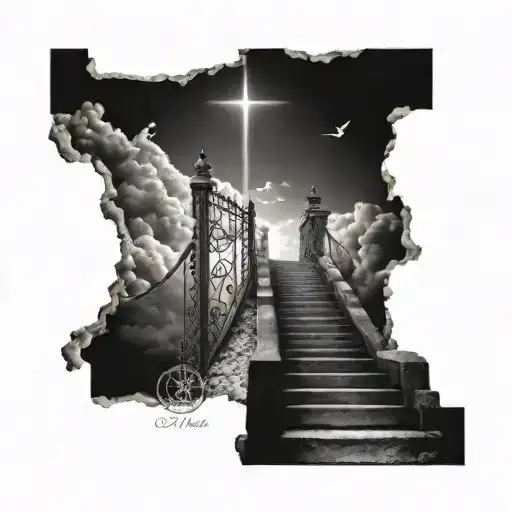 Stairway To Heaven Gates With Jesus At The Top And Fallen Loved Ones Names On Each Step