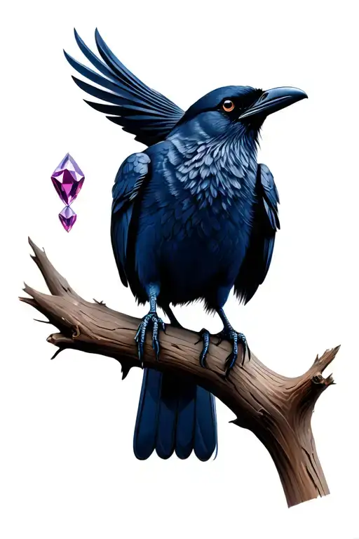 Crow With A Gemstone In Its Mouth Perched On A Branch