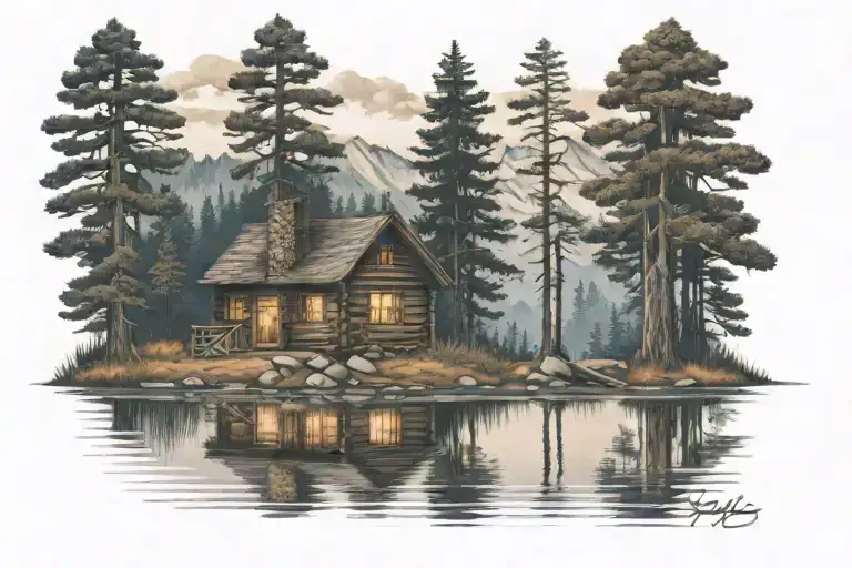 Log Cabin By Lake With Pine Tree Reflecting On Water