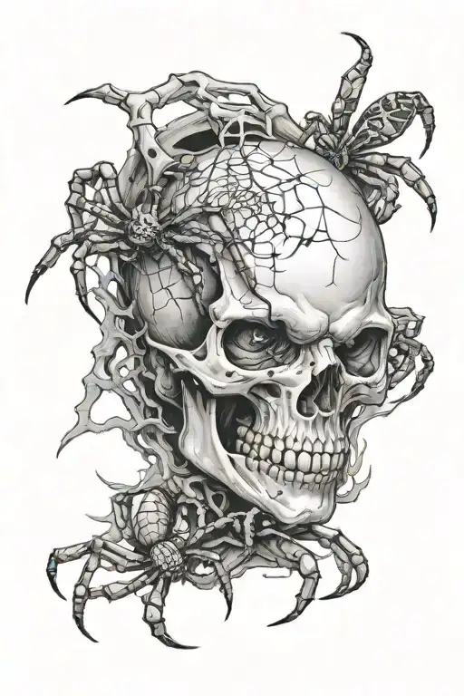 Sleve Tatto With Skull And Spider Crawling