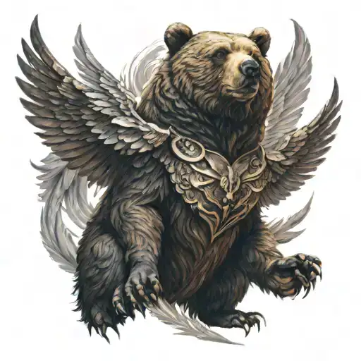 A Bear With Martial Equipment Above Which A Phoenix Rises And Envelops Him With Its Wings