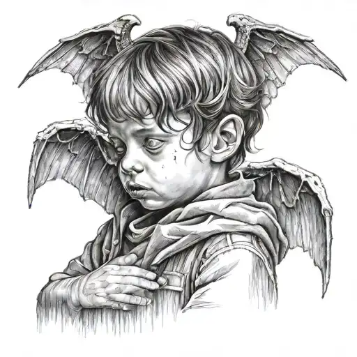 Sad Child With Demon And Agel Wings