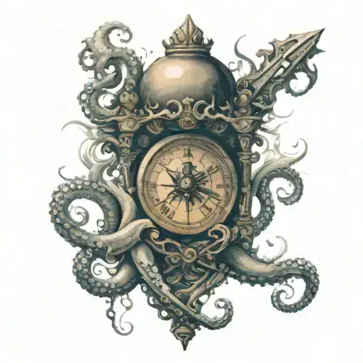 A Broken Hourglass Heart With A Burning Compass Held By An Octopus