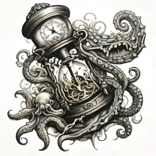 A Broken Hourglass With A Burning Compass Held By An Octopus