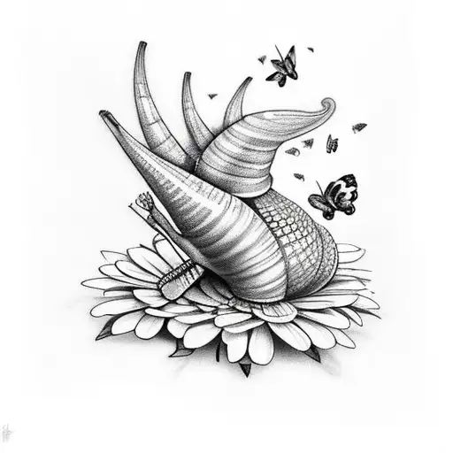 Giant African Land Snail With Flowers And Butterflies