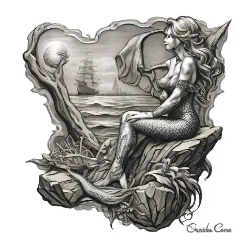 Mermaid Sitting On A Rock Watching A Ship Sail Away