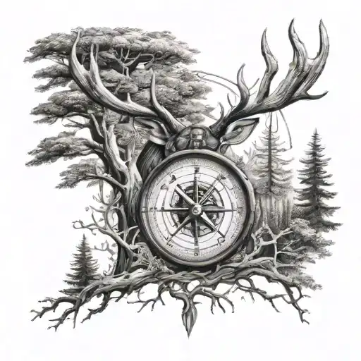 Compass In Trees With Elk Head