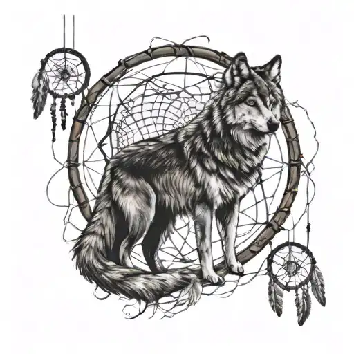 Adult Wolf With Cub Wolf With Full Moon Background Surrounded In Dream Catcher