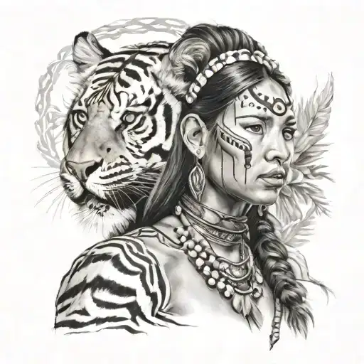 Native Girl With Tiger On Her Head