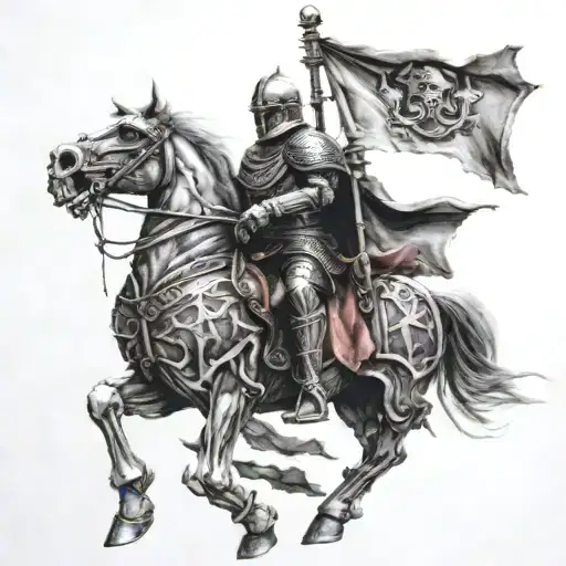 Armored Skeleton Knight Holding A Flag While Riding An Armored Horse Jumping