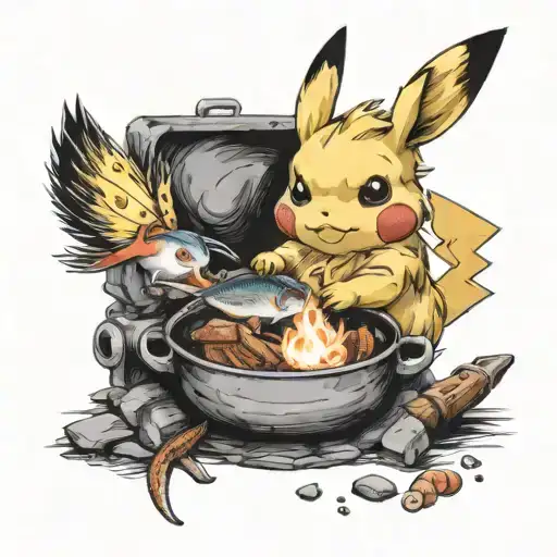 A Realistic Tattoo Of A Pikachu Cooking A Fish Over A Campfire