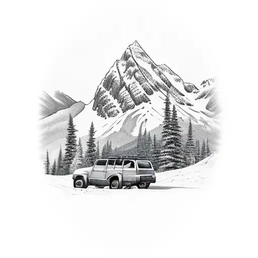 Mountain Background With A Jeep And Germand Shorthaired Pointer In The Foreground