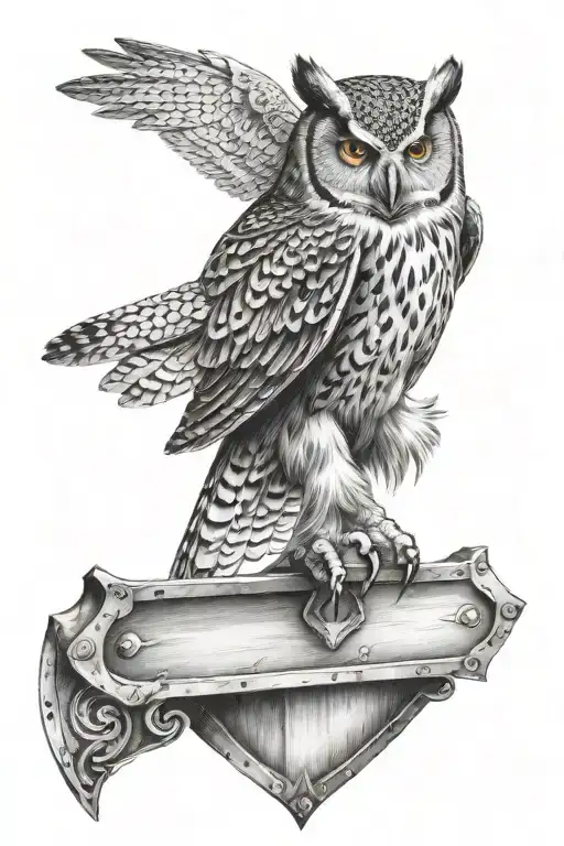 Agressive Owl Perched On A Shield