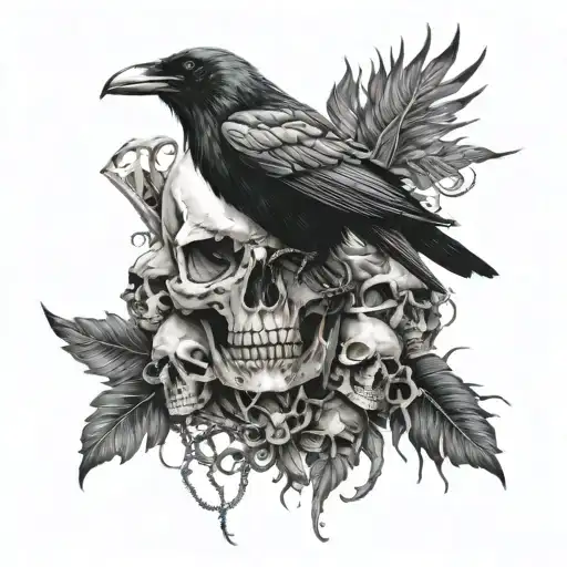 Surreal Raven With Skulls
