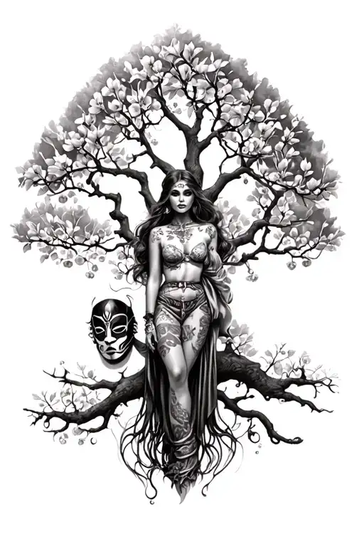 A Cherry Tree With A Sexy Japoanise Woman In The Center But Equipped With A Japoan Demoan Mask