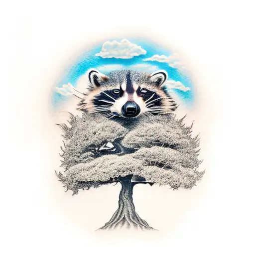 Micro Realistic Tattoo Of A Elm Tree And A Raccoon
