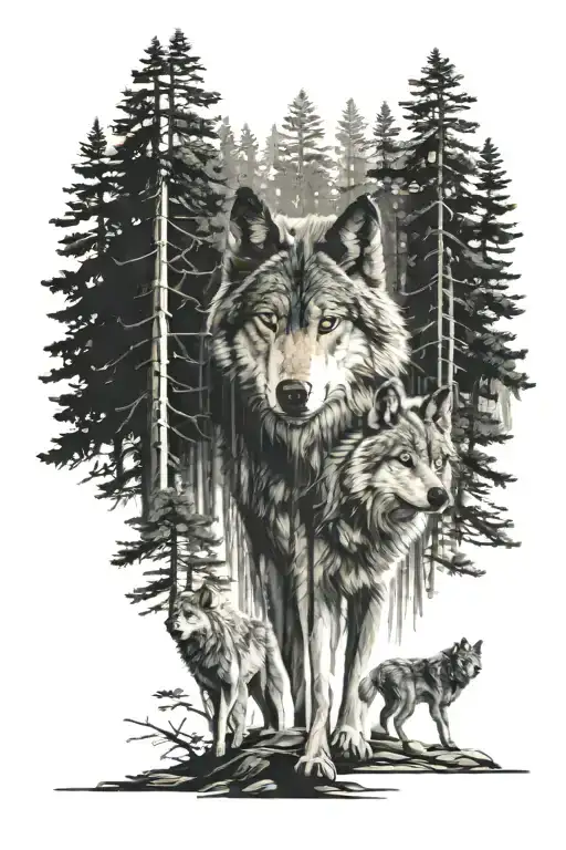 A Wolf Walking Away From His Two Children In The Pine Forest