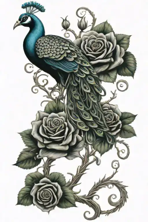 Thick Vines Growing Roses Intertwined With Peacock