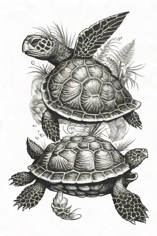 Turtle With Land For A Shell And Sea Life Under