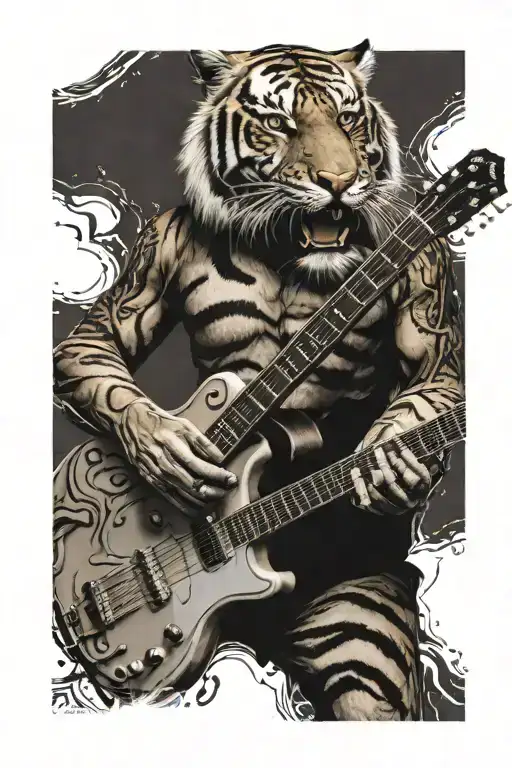 A Realistic Tiger Playing A Guitar With Anime-inspired Details