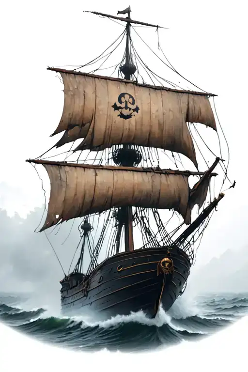 Tattered Old Pirate Ship Coming Out Of The Fog