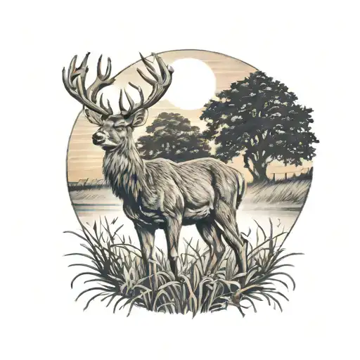 Deer Standing In Field With Sun Rising