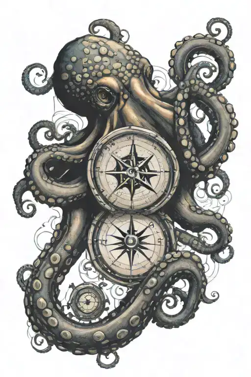 A Detailed Octopus With A Nautical Map And Compass Background